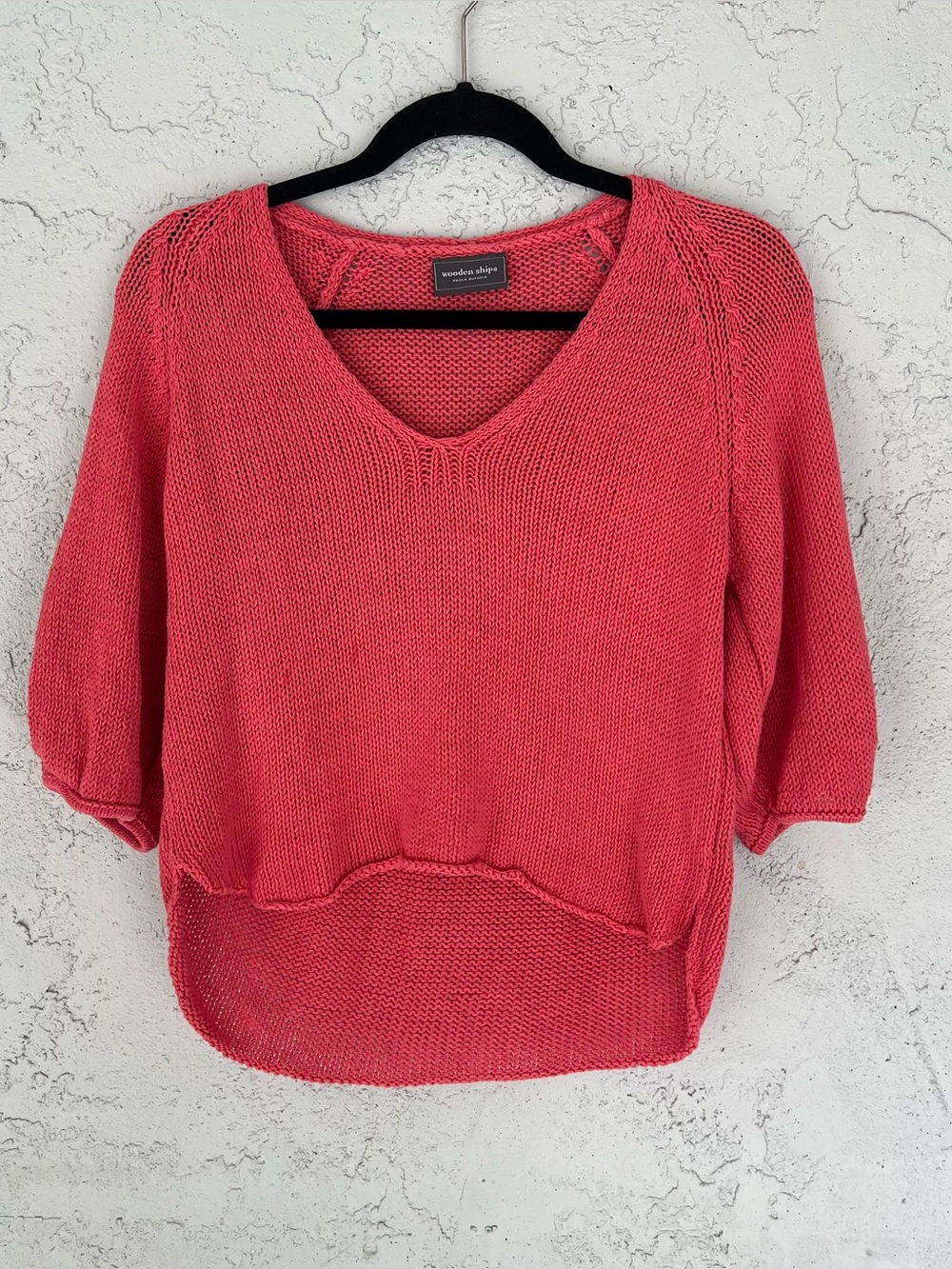 Wooden Ships Cotton Knit Sweater XS Coral Pink V Neck Coastal Fisherman Beachy